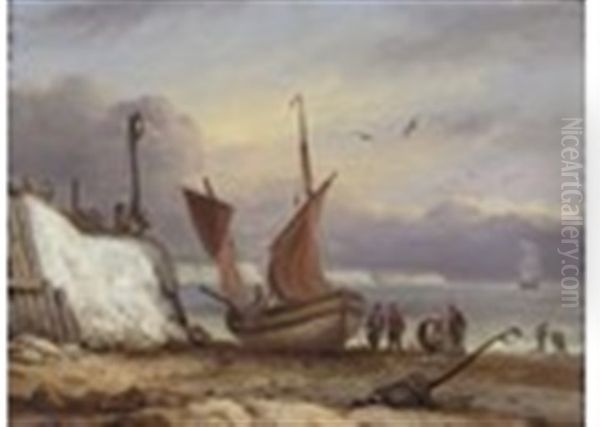 A Beached Fishing Boat By A Cliff With Fishermen And Women Oil Painting by Thomas Luny