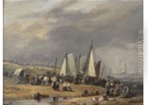 Coastal Scene At Low Tide With Numerous Fishermen On A Beach Oil Painting by Thomas Luny