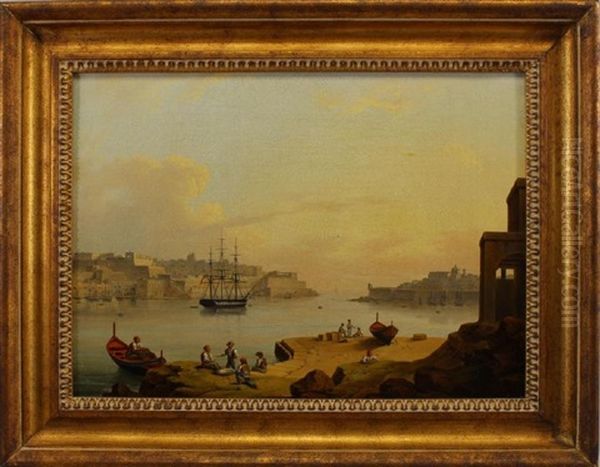 Harbor Scene With Figures In The Foreground Oil Painting by Thomas Luny