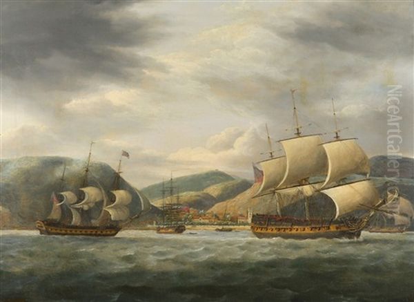 An East Indiamen Lying At Anchor Off The Island Of St. Helena With Other East Indiamen Getting Underway Oil Painting by Thomas Luny