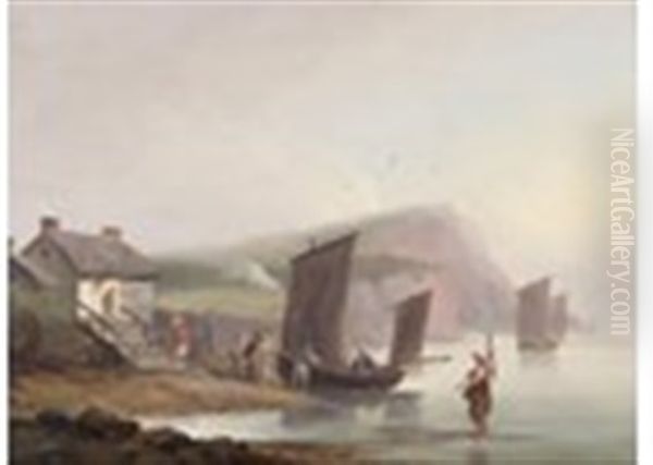 Fishing Boats And Figures By A Cottage On The Coast Oil Painting by Thomas Luny