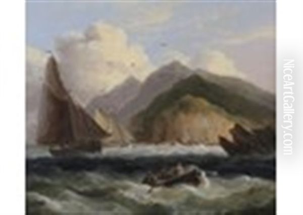 Fishing Boats And Figures In A Rowing Boat In Choppy Seas By A Rocky Coast Oil Painting by Thomas Luny