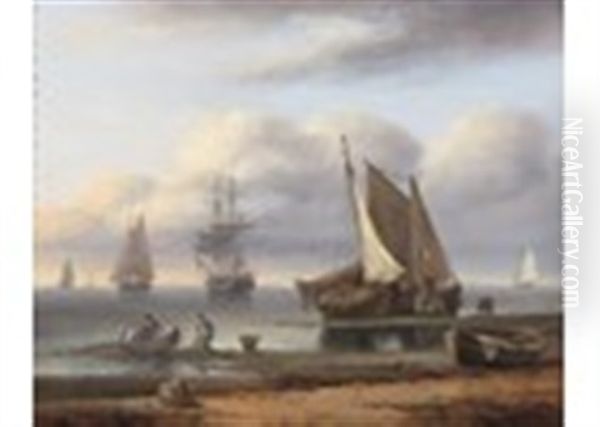 Beached Fishing Boats With Fishermen Hauling Nets, Sailing Ships At Anchor Beyond Oil Painting by Thomas Luny