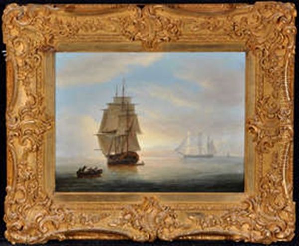 A Sailing Ship At Dusk In Calm Water Oil Painting by Thomas Luny