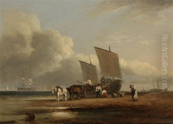 Beach Scene Near Teighmouth Oil Painting by Thomas Luny