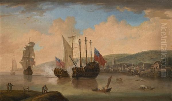 The Old Deptford Shipyard, Firing A Salute Oil Painting by Thomas Luny