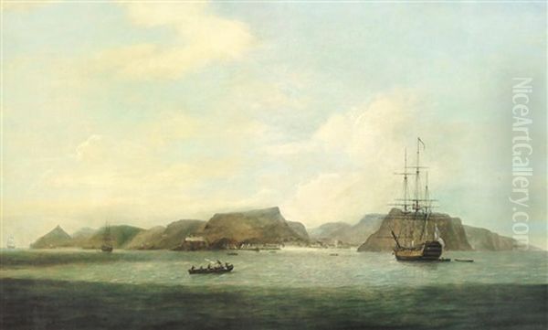 An English Frigate At Anchor Off The Island Of St. Helena, With A View Of Jamestown Beyond Oil Painting by Thomas Luny