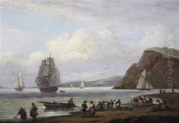 Shipping In Harbour At Sunset And Along The Coast With Fisherfolk Hauling Nets Oil Painting by Thomas Luny