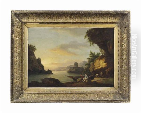 A River Landscape With Figures Conversing By A Beached Boat Oil Painting by Thomas Luny