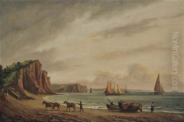 Fisherfolk Unloading The Catch At Low Tide, Shaldon Ness, Devon Oil Painting by Thomas Luny