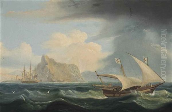 A British Warship And A Maltese Xebec In The Straits Of Gibraltar Oil Painting by Thomas Luny