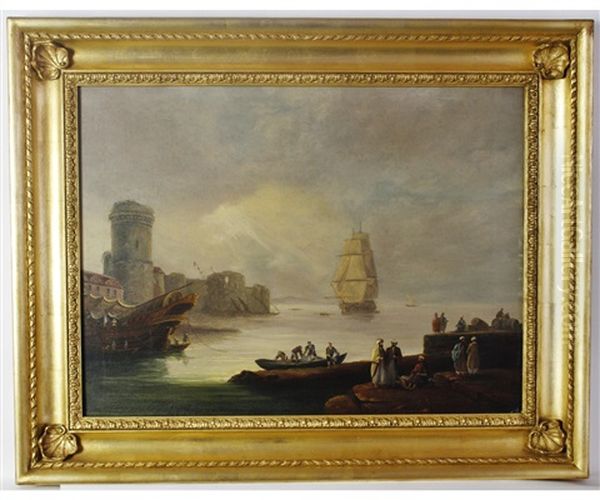 Traders On Mediterranean Port Quayside Oil Painting by Thomas Luny