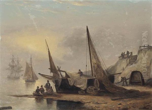 Fishermen Sitting By Their Boat, Low-tide, Devon Oil Painting by Thomas Luny