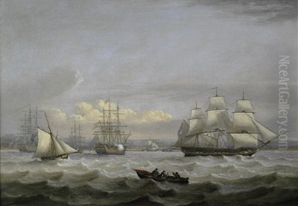 A Squadron Of The Blue Off Portsmouth, With A Frigate Departing, A Naval Cutter And The Flagship Of An Admiral Of The Blue Signalling Oil Painting by Thomas Luny