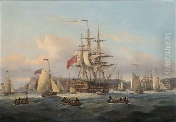 H.m.s. Bellerophon Lying At Anchor Off Torbay With The Defeated Emperor Napoleon Onboard, 24th July 1815, Surrounded By Spectator Craft Oil Painting by Thomas Luny