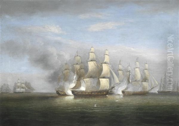 H.m.s. Arethusa And The British Frigates Flora, Melampus, Concorde And Nymphe, Engaging The French Frigates L'engagement, Resolue, Pomone And Babet Off Guernsey, 23rd April 1794 Oil Painting by Thomas Luny