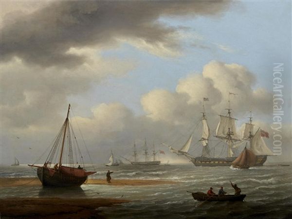 A Britsh Frigate In Stays Off Teignmouth Oil Painting by Thomas Luny