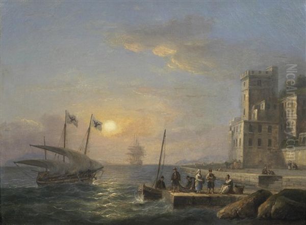 A Mediterranean Xebec Flying Messina Flags And Shortening Sail As She Approaches The Quayside At Her Home Port, With A View Of The Straits Of Messina Beyond Oil Painting by Thomas Luny