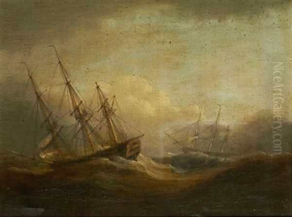 Sailing Vessels On A Rough Sea; And Companion Oil Painting by Thomas Luny