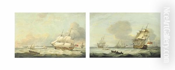 An East Indiaman And Other Shipping In The Downs Off The North Foreland (+ Warships Lying At Anchor With One Getting Underway And Another Coming In To The Anchorage (both Illustrated); Pair) Oil Painting by Thomas Luny