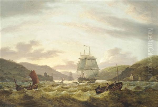 A Royal Navy Frigate Emerging From The Dart Estuary At Dusk With Dartmouth Castle Seen Off Her Stern Quarter Oil Painting by Thomas Luny