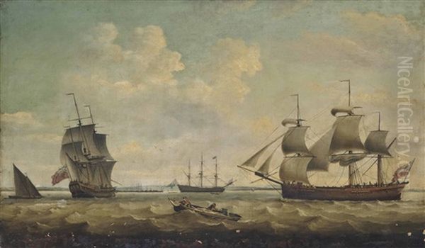 A Merchantman, In Two Positions, Off Harwich With A Large Royal Navy Warship Lying At Anchor Inshore Oil Painting by Thomas Luny