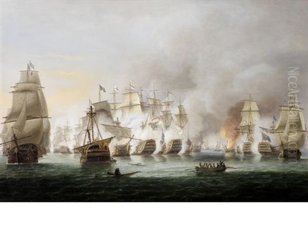 The Battle Of Trafalgar, 21st October 1805 - Nelson's Flagship Victory And Temeraire In Close Action With The French Redoubtable As The Battle Rages Around Them Oil Painting by Thomas Luny