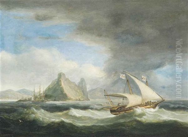 A Maltese Xebec In Mediterranean Waters, Thought To Be Off Gibraltar, With An English Frigate Heading Inshore Beyond Oil Painting by Thomas Luny