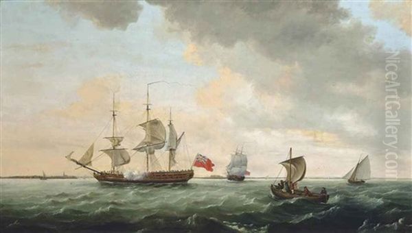 A Royal Navy Frigate Anchored Off Harwich And Preparing To Get Underway, With Another Frigate And Coastal Craft Astern Of Her Oil Painting by Thomas Luny