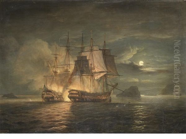 The French 74 Hercule Surrendering To H.m.s. Mars Off Brest, 21st. April Oil Painting by Thomas Luny