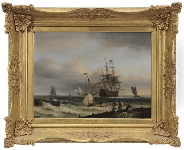 Dutch Man-o-war At Anchor Offshore Oil Painting by Thomas Luny