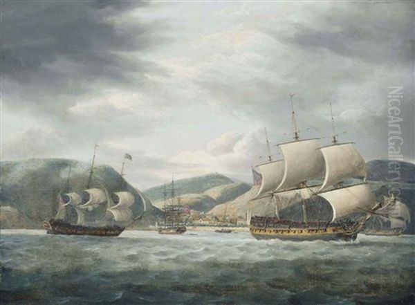 An East Indiamen Lying At Anchor Off The Island Of St. Helena With Other East Indiamen Getting Underway Oil Painting by Thomas Luny