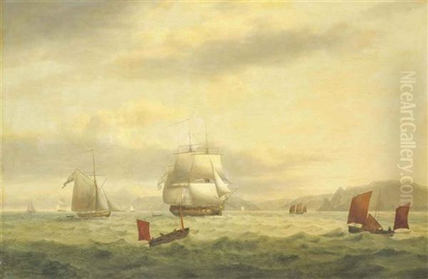 A Royal Navy Frigate And Armed Cutter In The Channel Off The Devonshire Coast Oil Painting by Thomas Luny