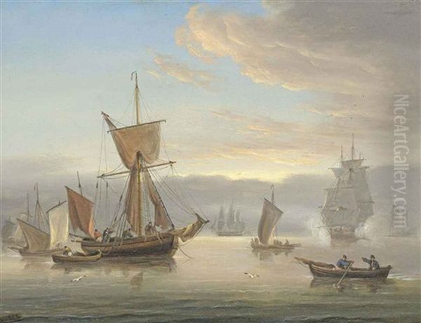 A Royal Navy Frigate Firing A Salute To Announce Her Arrival At The Anchorage Oil Painting by Thomas Luny