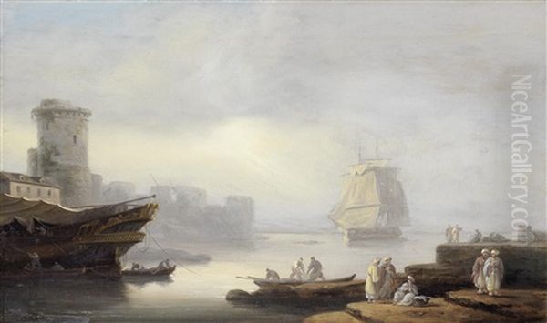 Ships At Anchor In A Mediterranean Port With Merchants On The Quay In The Foreground Oil Painting by Thomas Luny