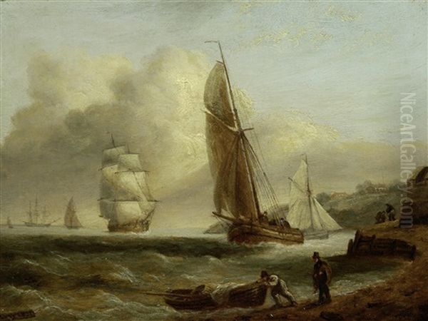 Fishing And Sailing Boats Off Shore Oil Painting by Thomas Luny