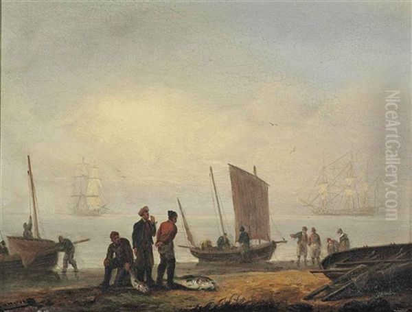 Fishermen Unloading Their Catch On A Shore, Men-of-war Beyond Oil Painting by Thomas Luny