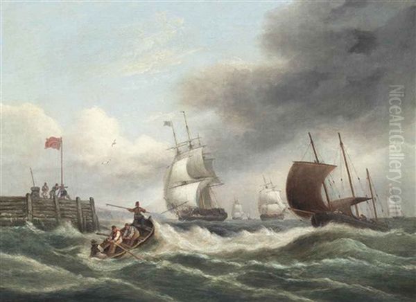 Merchantmen Running Into The Harbour At Teignmouth In A Strengthening Breeze Oil Painting by Thomas Luny