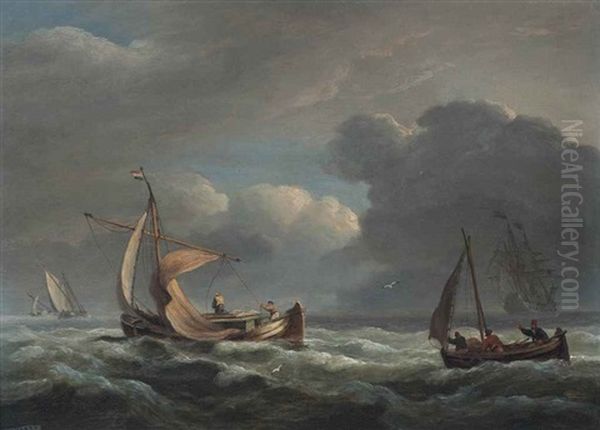 Fishermen Reefing-down In An Approaching Storm, With A Dutch Warship Beyond Oil Painting by Thomas Luny