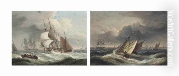 Merchantmen In A Stiff Breeze Off A Headland; And Windschips In A Freshening Breeze On The Scheldt (a Pair) Oil Painting by Thomas Luny