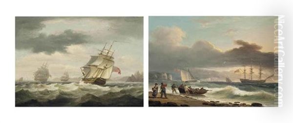 British Warships Off The Entrance To Salcombe Harbour And A British Warship Lying At Anchor In A Stiff Onshore Breeze With Figures...(a Pair) Oil Painting by Thomas Luny