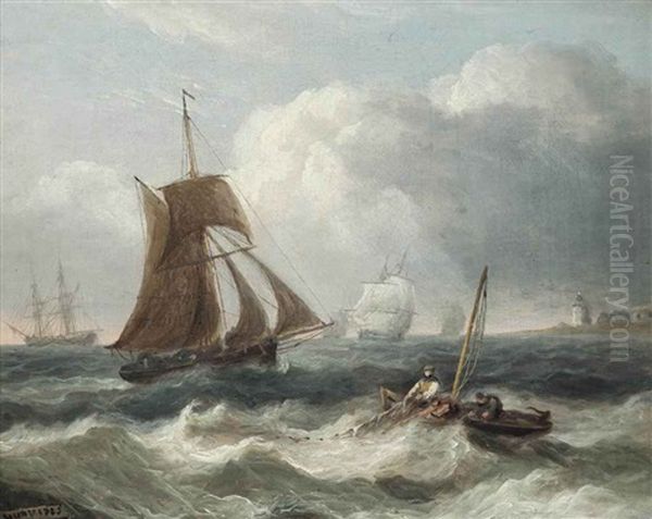 Fishermen Hauling In Their Nets In The Channel Oil Painting by Thomas Luny