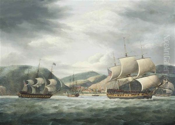 East Indiamen Lying At Anchor Off The Island Of St. Helena Before Jamestown With Some Vessels Getting Underway Oil Painting by Thomas Luny