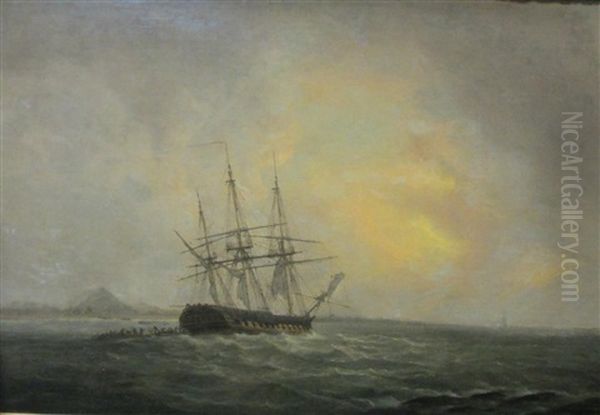 A Frigate Off A Coast With Figures Alighting Into Boats Oil Painting by Thomas Luny