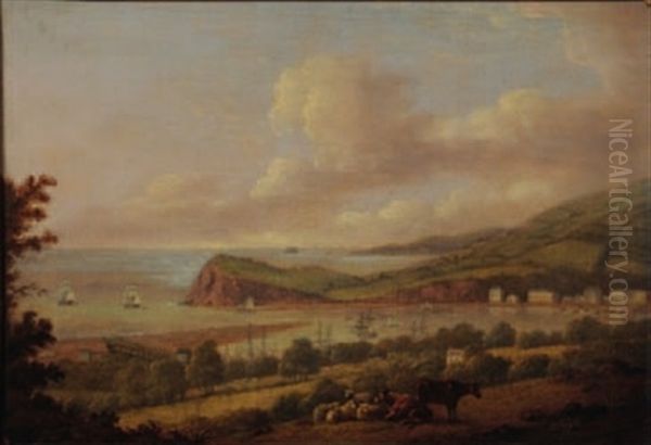 View To Shaldon From Above Teignmouth, Cattle And Sheep In The Foreground, Shipping In The Harbour Beyond Oil Painting by Thomas Luny