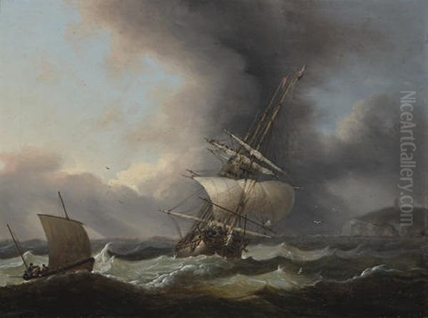 A Frigate Off The Coast Oil Painting by Thomas Luny