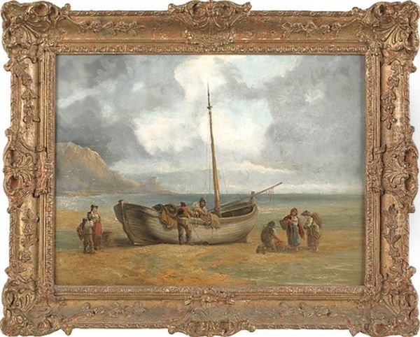 Harbor Scene With A Beached Sailboat Oil Painting by Thomas Luny