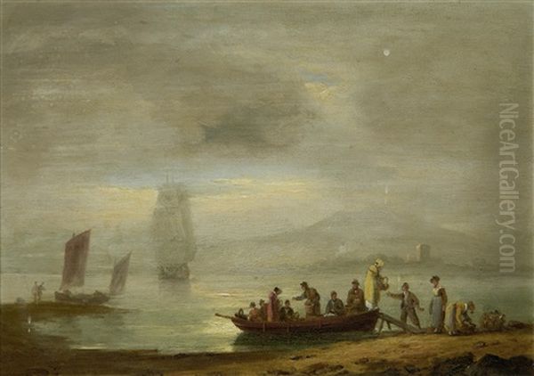 Figures Disembarking A Boat Oil Painting by Thomas Luny