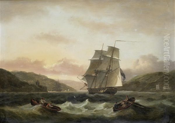 A Frigate Of The Royal Navy Running Into The Dart On The Full Tide, With Dartmouth Castle And St. Petrox Church To Port And Kingswear Castle To Starboard Oil Painting by Thomas Luny