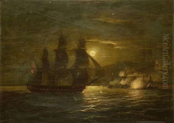 A Naval Engagement By Moonlight Oil Painting by Thomas Luny